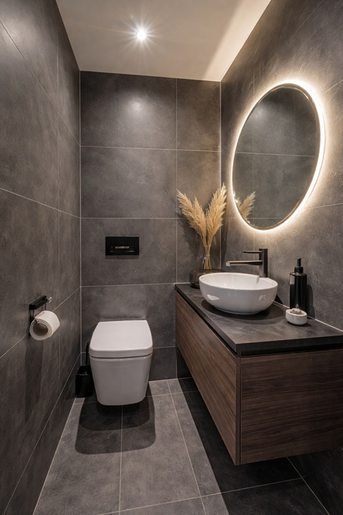 Modernes Luxusbadezimmer im Gäste-WC mit dunklen Fliesen, Waschbecken und indirekter Beleuchtung