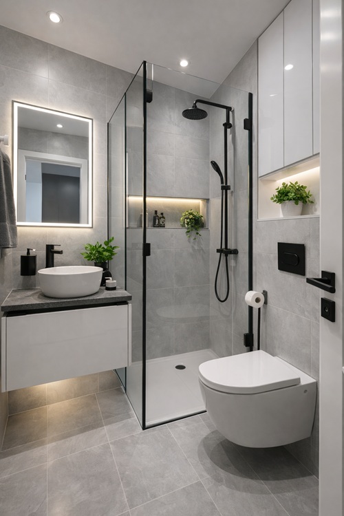 Modernes Luxusbadezimmer mit bodengleicher Dusche, Glasduschwand und indirekter Beleuchtung