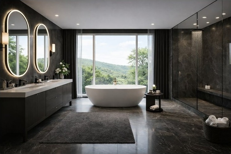 Modernes Luxusbad in Würzburg mit freistehender Badewanne, Doppelwaschtisch und bodengleicher Regendusche