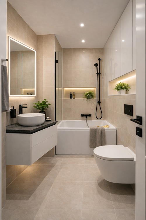 Modernes Luxusbadezimmer mit Badewanne, Dusche und indirekter Beleuchtung in hellem Design