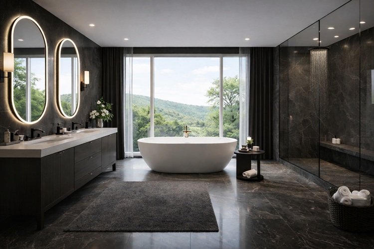 Modernes Badezimmer mit freistehender Badewanne, bodengleicher Dusche und Panoramablick
