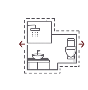 Grundriss eines Badezimmers mit Dusche, Waschbecken und WC