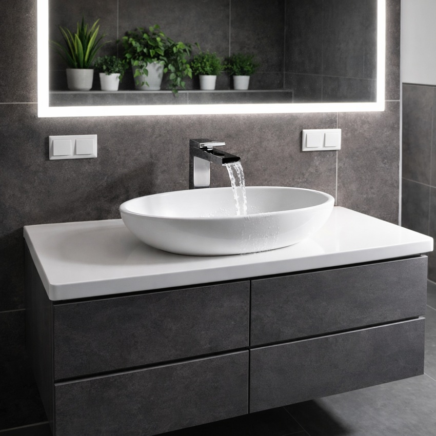 Modernes Luxus Badezimmer mit stilvollem Waschtisch, Aufsatzwaschbecken und LED-Spiegel