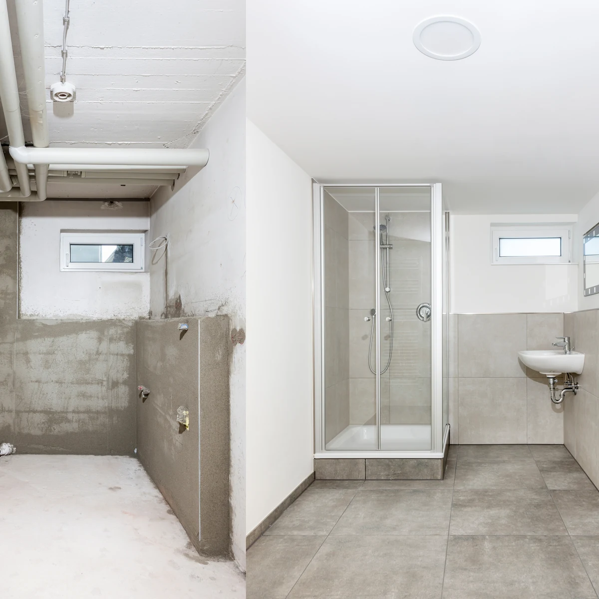 Dusche sanieren: links das Bad im Rohbau mit offenen Anschlüssen, rechts dasselbe Bad mit neuer Dusche hinter Glas