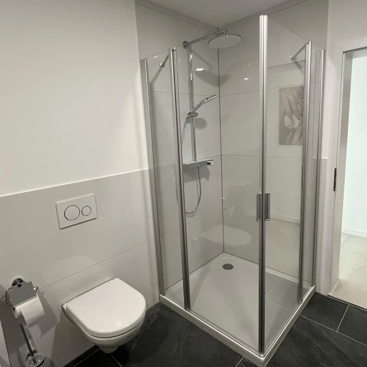 Neue Dusche einbauen: Eckdusche mit zwei Glastüren, Regenbrause und flacher Duschwanne neben dem Wand-WC